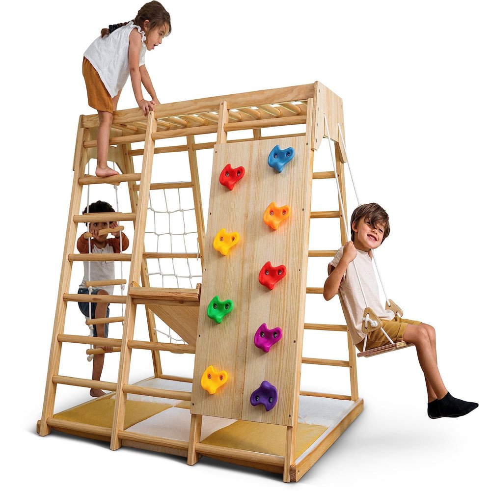 Avenlur Indoor Playground Jungle Gym  Magnolia 6-in-1 Montessori Wooden Indoor Playground for Kids & Toddlers Ages 2-6  Waldorf Toys, Rope Ladder, Indoor Swing, Baby Slide, Rock Climbing Wall, More