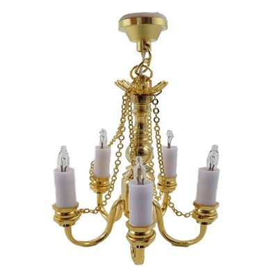 Dollhouse Gold 5 Arm Candle Chandelier Brass 12V Electric Ceiling Light 1:12