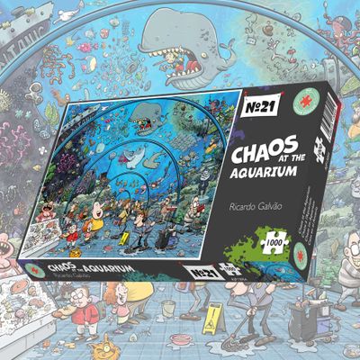 1000 Jigsaw Puzzles Chaos at The Aquarium with Fish Sharks & Whales for Adults, Teens, Kids Funny Cartoon Puzzles 25in X 19in