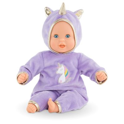 Corolle Bb Calin Unicorn Boy Baby Doll - 12" Soft Body Doll with Purple Hooded Outfit, Sleeping Eyes Open and Close, Vanilla-Scented, for Ages 18 Months and up