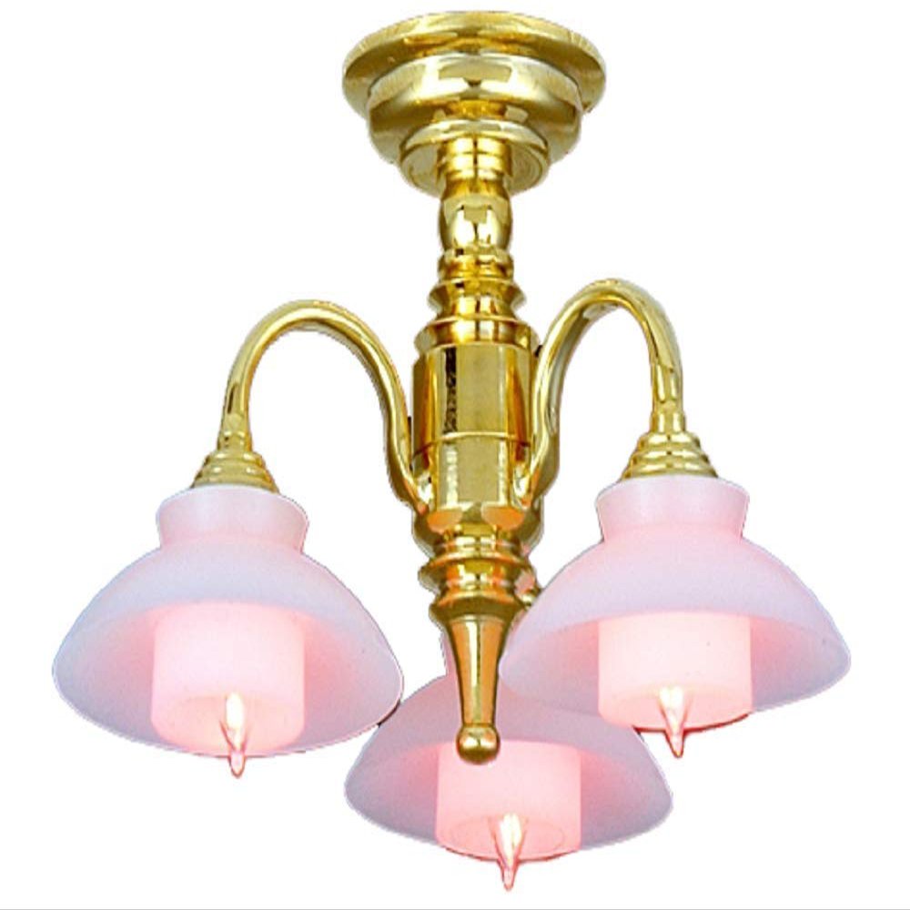Melody Jane Dollhouse 3 Arm Gold Chandelier Modern White Shade 12V Electric Lighting