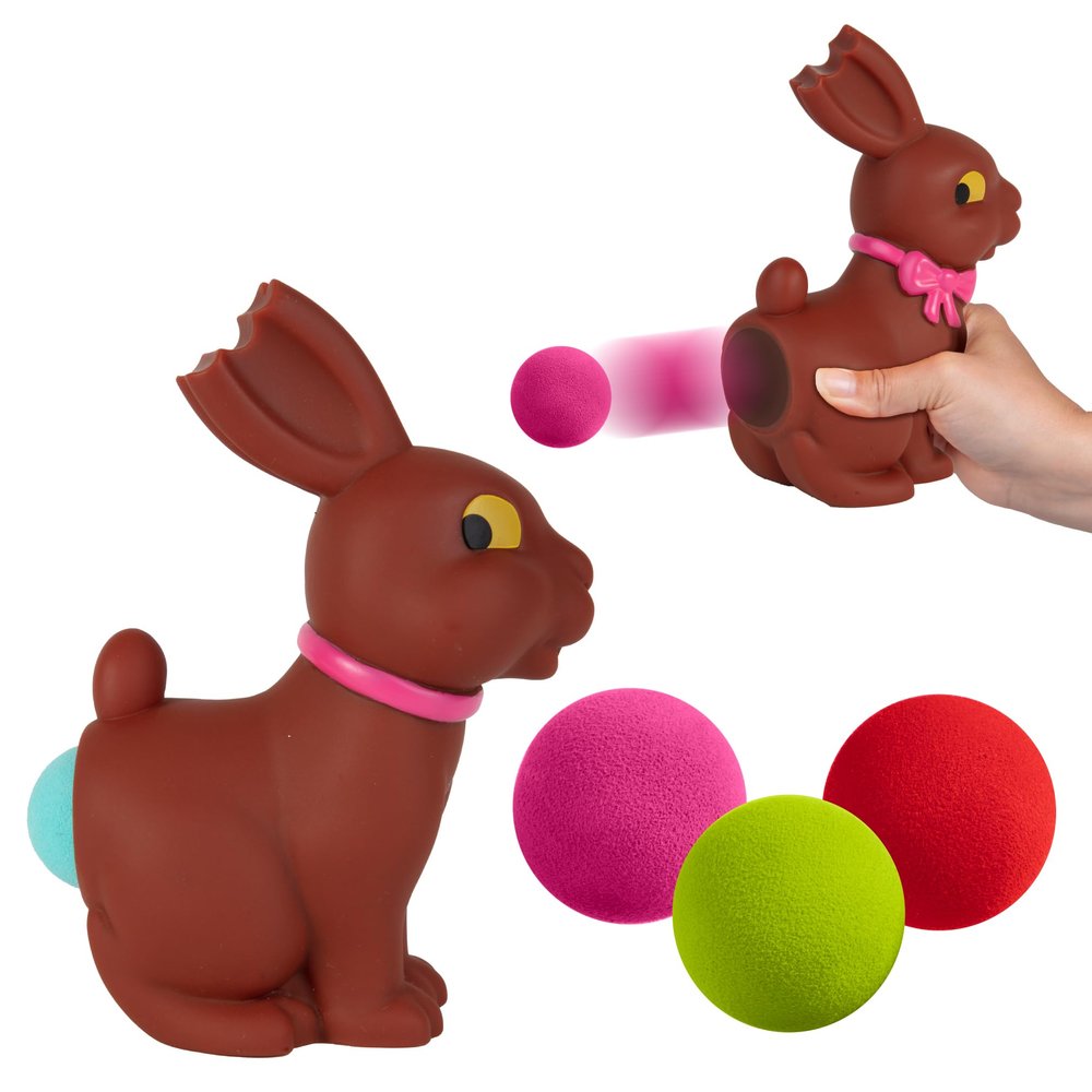 Hog Wild Chocolate Bunny Ball Popper Toy - Stocking Stuffer Includes 4 Soft Foam Balls - Squeeze to Pop Air Powered Balls Up to 20 Feet - for Indoor/Outdoor Play - Easter Basket Gift for Kids 5+