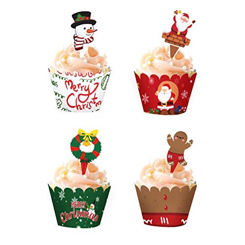 zorpia 48 Pieces Christmas Cupcake Toppers Wrappers Party Supplies Favors - Snowman Santa Claus Christmas Garland Gingerbread Man
