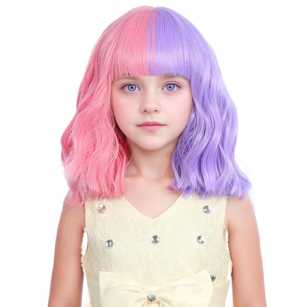 DUDUWIG Child Purple Pink Wig Kids Short Half Purple Half Pink Wig With Bangs Girls Wavy Curly Wigs for Halloween Cosplay