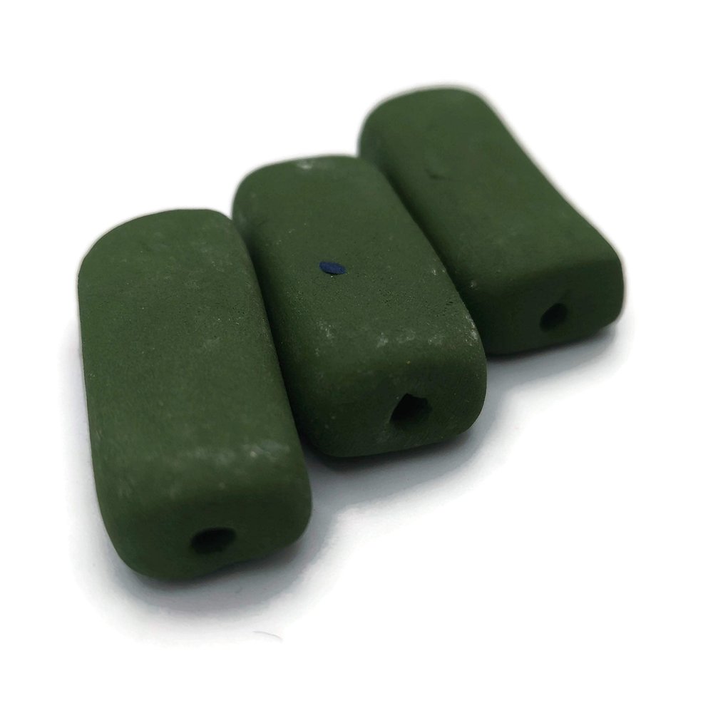 3 Matte Green Beads, Large Rectangular Ceramic Handmade Supplies for Crafting