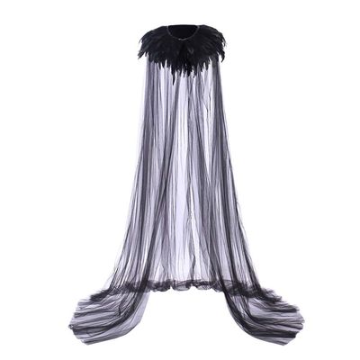 CosplayDiy Adult Gothic Feathered Witch Vampire Cape Evil Queen Cosplay Feather Collar Cape Steampunk Maleficent Cloak Black