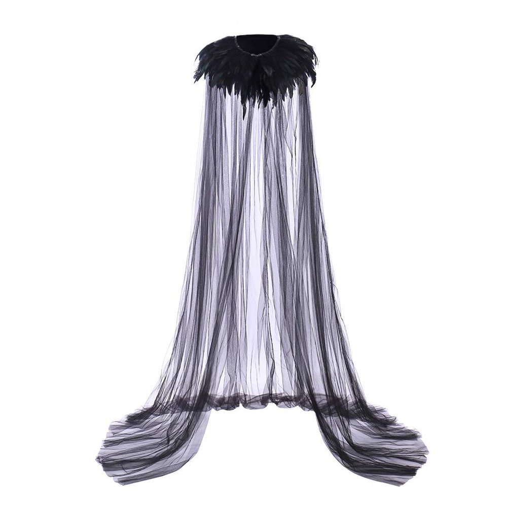 CosplayDiy Adult Gothic Feathered Witch Vampire Cape Evil Queen Cosplay Feather Collar Cape Steampunk Maleficent Cloak Black