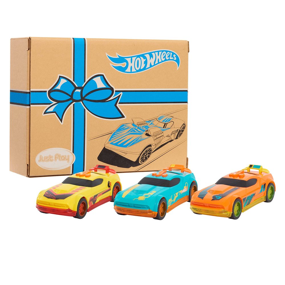 Hot Wheels Glow Riders 3-Pack Set, Red Teal and Yellow Toy Cars with Lights and Sounds