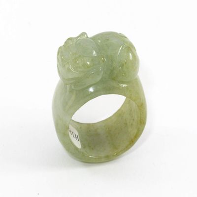 0.8"(20.5mm) Nature China Certified Grade A Jadeite Jade Fortune Pixiu Fine Carved Ring 6276
