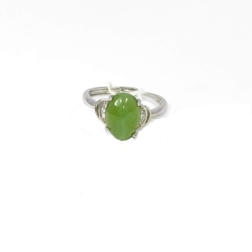 100% Nature Hetian Green Nephrite Jade with Cat Eyes 925S Women's Ring 3175