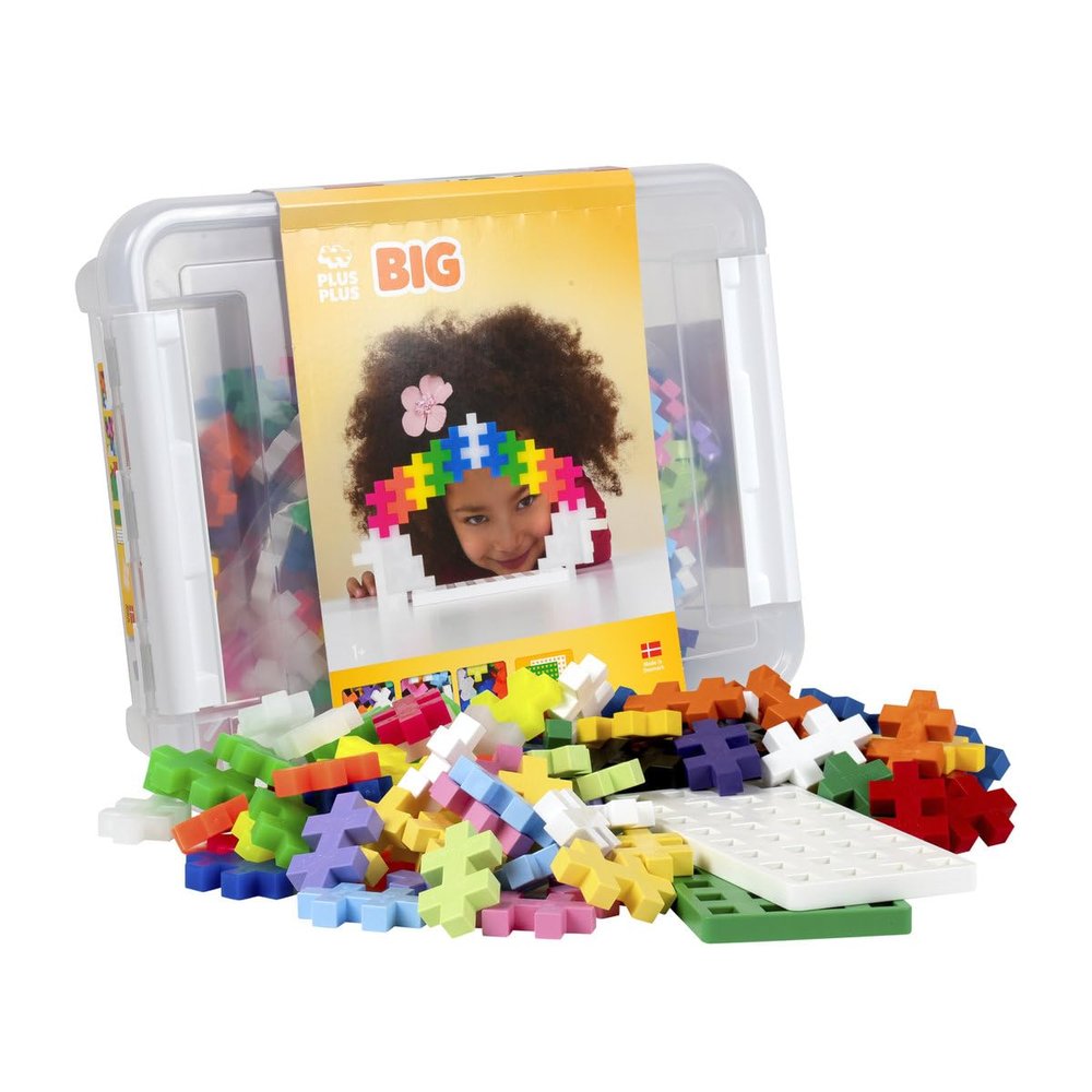 Plus Plus Big - 200 Big pc in Storage Tub - Basic, Neon and Pastel Mix w/ Baseplates - Construction Building Steam Toy, Interlocking Large Puzzle Blocks for Toddlers and Preschool