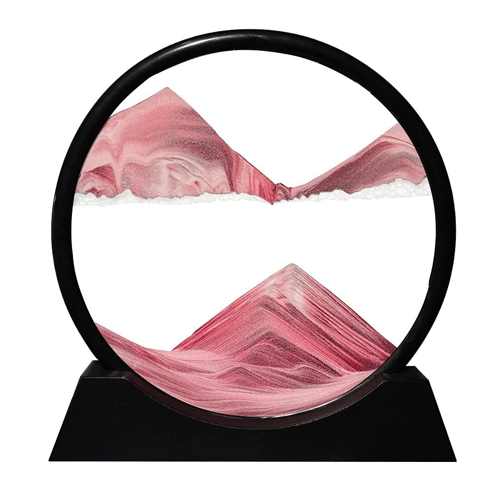 Aoderun Moving Sand Art Picture Round Glass 3D Deep Sea Sandscape in Motion Display Flowing Sand Frame Relaxing Desktop Home Office Work Decor (12", Pink)