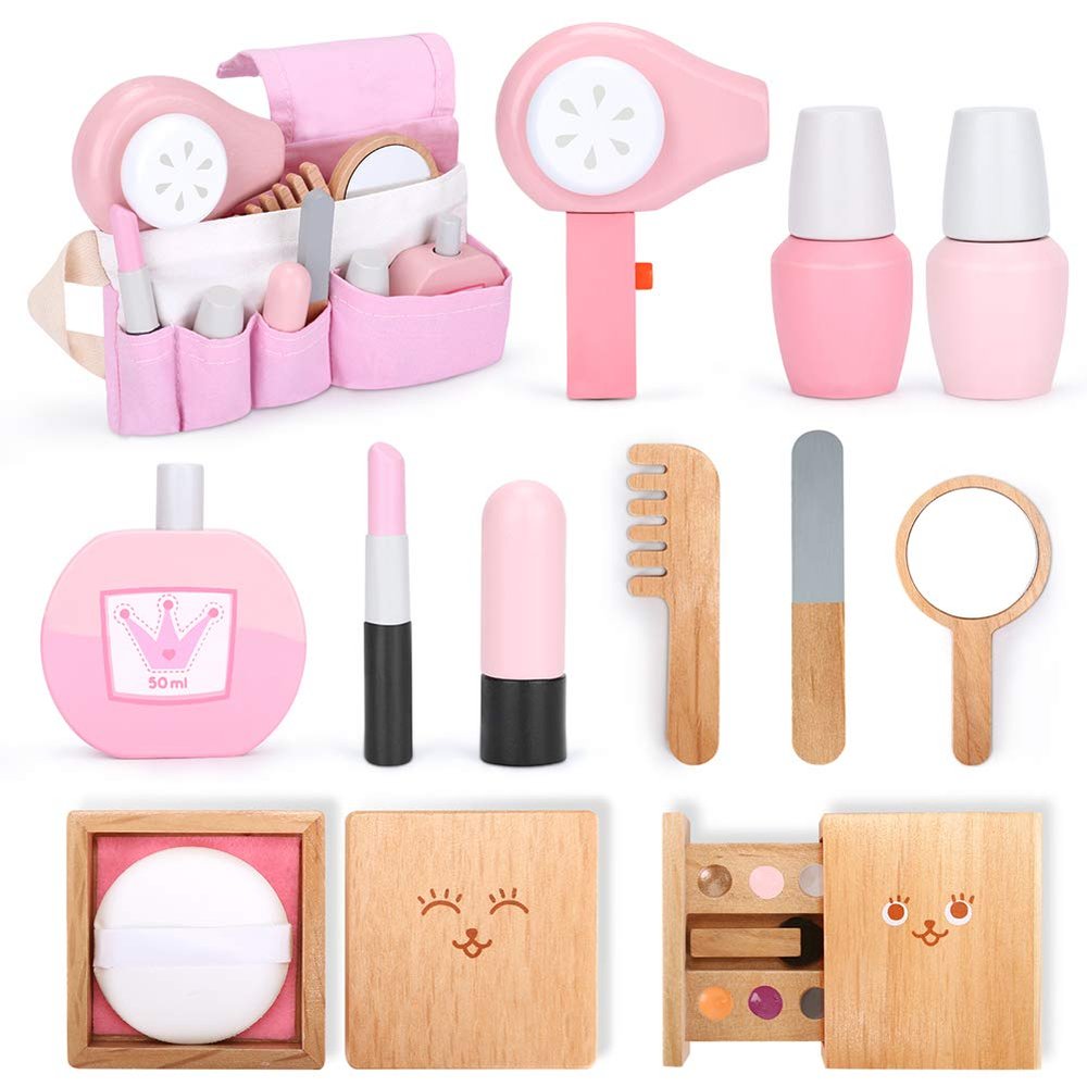 LOKUO Wooden Beauty Salon Toys 12 Pieces Pretend Playset with Makeup, Mirror, Hair Dryer, Cosmetics Case and Storage Bag, Best Gift for Girls Kids(3-Years-Old & Up)