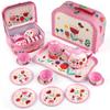 D-FantiX Kids Tea Set for Little Girls, 15Pcs Pink Tin Tea Party Set for Toddlers Afternoon Tea Time Playset with Metal Teapots Tea Cups Play Dishes Princess Toys Gifts with Carry Case view 1