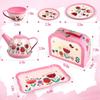 D-FantiX Kids Tea Set for Little Girls, 15Pcs Pink Tin Tea Party Set for Toddlers Afternoon Tea Time Playset with Metal Teapots Tea Cups Play Dishes Princess Toys Gifts with Carry Case view 4