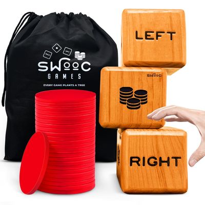 SWOOC Games - Giant Right Center Left Dice Game (All Weather) with 24 Large Chips & Carry Bag - Jumbo Wooden Lawn Game - Big Backyard Games for Family - Indoor/Outdoor - Left Right Center Dice Set