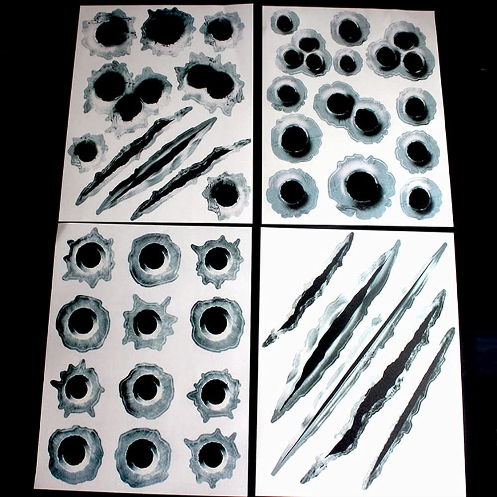 4 Set 3D Bullet Hole & Scratches Car Stickers, Fake Guns Bullet Hole Stickers