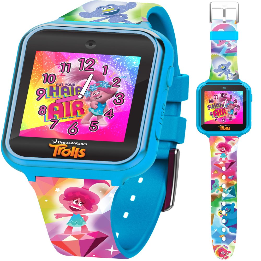 Trolls Kids Smart Watch - Interactive Touchscreen with Games, Selfie Camera, Step Tracker, Alarm, and Colorful Printed Silicone Strap - Fits Wrists 5.5" to 8.0"