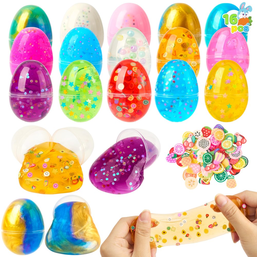 JOYIN 16 Pcs Prefilled Easter Eggs with Crystal, Galaxy, Slime and Confetti Stress Relief for Kids Easter Party Favors Supplies, Eggs Hunt, Basket Stuffers Fillers