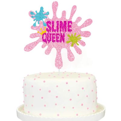 Slime Queen Cake Topper Pink Glitter Happy Birthday Colorful Slime Shape Art Theme Party Decor Picks for Birthday Party Decorations Supplies