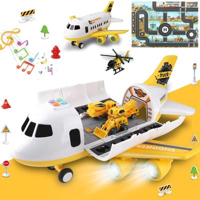 Dwi Dowellin Construction Toy Airplane Set/Play Mat,Excavator,Bulldozer,Mixer,Dumper Truck,Forklift,Crane,Alloy Metal Car Toys for 3 4 5 6 Years Old Toddlers Kids Boys & Girls(Large)