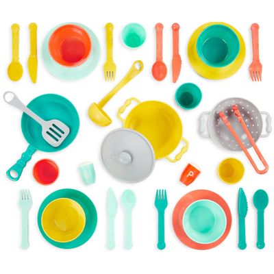 B. toys  Play Kitchen Accessories  Cookware, Dishes, Utensils  33 Pieces Play Set for Kids  Pretend Play Toys  3+ Years Mini Chef Kitchen Set