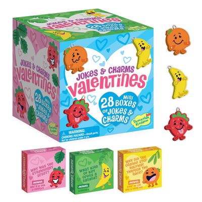 Peaceable Kingdom Valentines Cards for Kids Classroom, Set of 28 Valentines Day Gifts - Silly Jokes with Fruit Charms