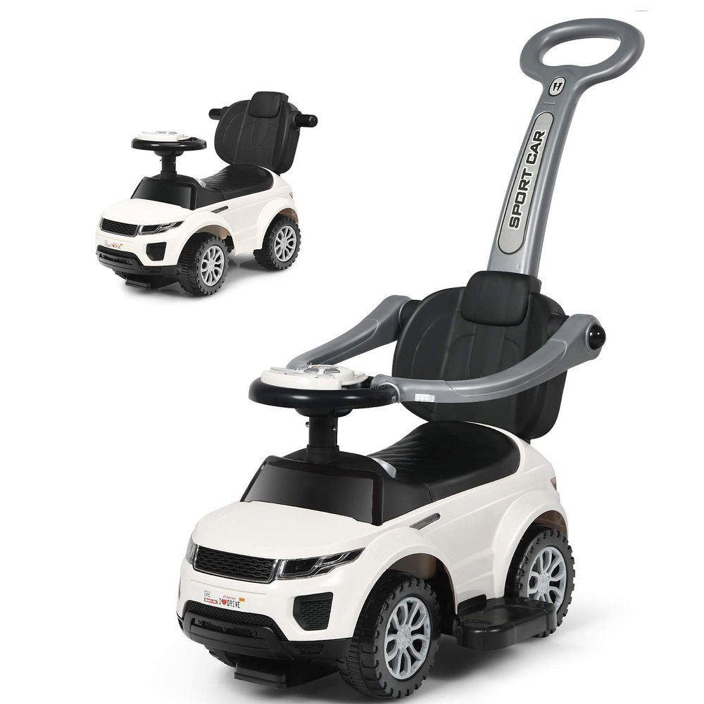 Costzon 3 in 1 Ride on Push Car, Stroller Sliding Walking Car with Horn, Music, Light, Under Seat Storage, Parental Handle, Armrest Guardrails, Ride on Toy for Boys & Girls (White)