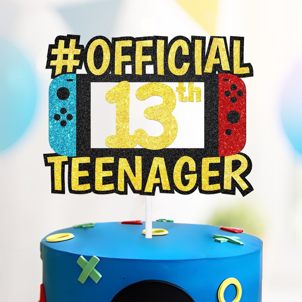 13th Official Teenager Cake Topper Decorations - Birthday Theme Picks Cheers to 13 Years Old game Party Decoration- Handmade black gold red blue Glitter