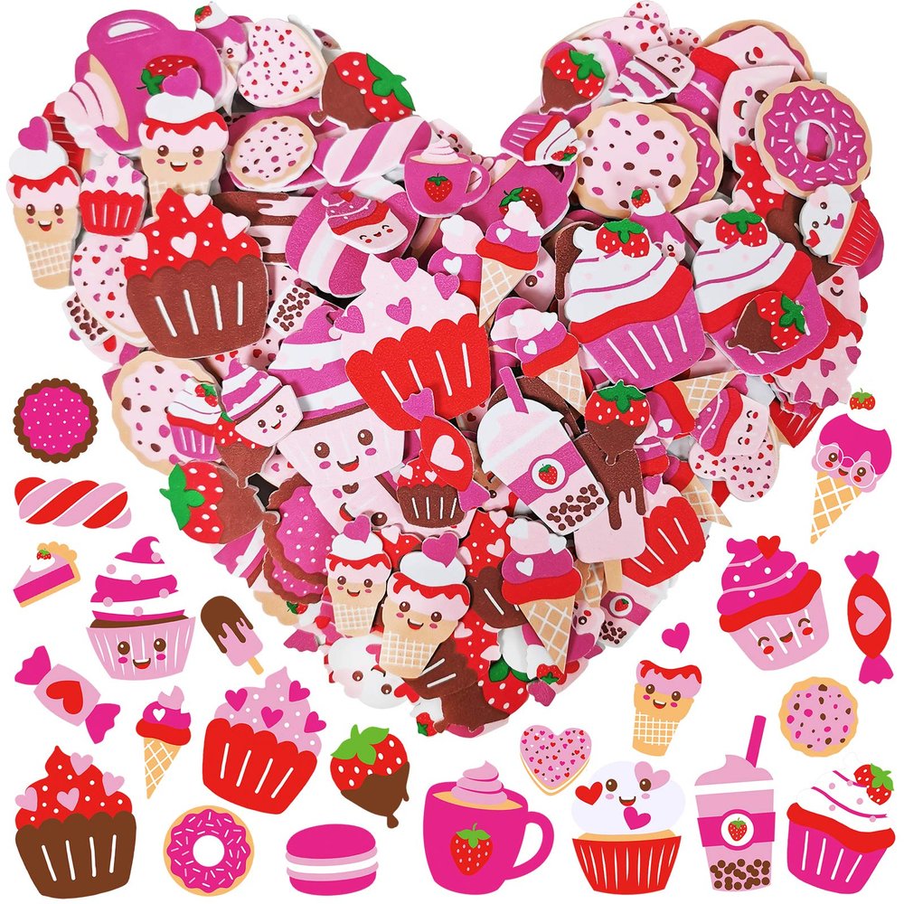 455 Pcs Asssorted Heart Dessert Prints Stickers Craft Smile Face Heart Cupcake Ice Cream Candy Donut Foam Cutouts Stickers Self-Adhesive Embellishments for Kids Mother's Day Valentine's Day Gift Decor