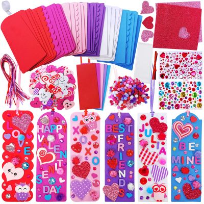 Winlyn 36 Sets Valentine Decorations DIY Bookmarks Craft Kit - Blank Foam With Smile Face Hearts Owl Alphabets Stickers for Kids Classroom Activity Reading Gift Exchange