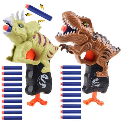 2 Pack Dinosaur Gun Toys for Toddlers Boys 3 4 5 6 7 Year Old Birthday Gifts Valentines Easter Christmas Stocking Stuffers, Small Dino Blaster Shooting Game with Soft Foam Darts Compatible with Nerf