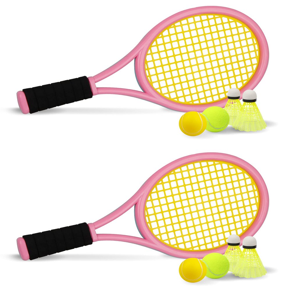 Kids Tennis Racket,17 Inch Plastic Tennis Racket with 2 Soft Balls,2 Tennis Balls and 4 Shuttlecocks for Kid,Toddler Outdoor/Indoor Sport Play (Pink&Blue)