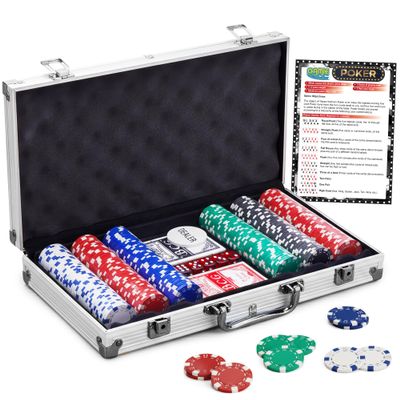 Gamie Poker Set in Aluminum Case, Casino Poker chip Kit with 300 Chips, 2 Decks of Playing Cards, 5 Dice, and 1 Deluxe Case, Fun Game Night Supplies, Best Poker Gifts for Teens and Adults, Black