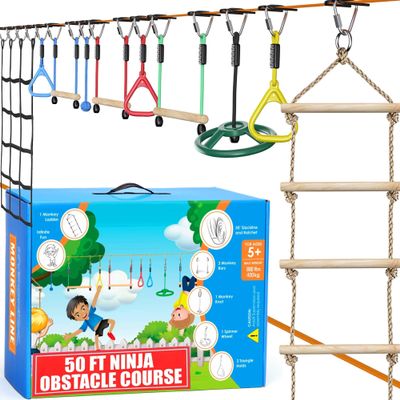Ninja Warrior Obstacle Course for Kids 2 x 50 ft Slacklines with 10 Weatherproof Obstacles Monkey Net, Ratchet-Tight Technology, Supports Up to 880 lbs Climbing & Swinging Equipment