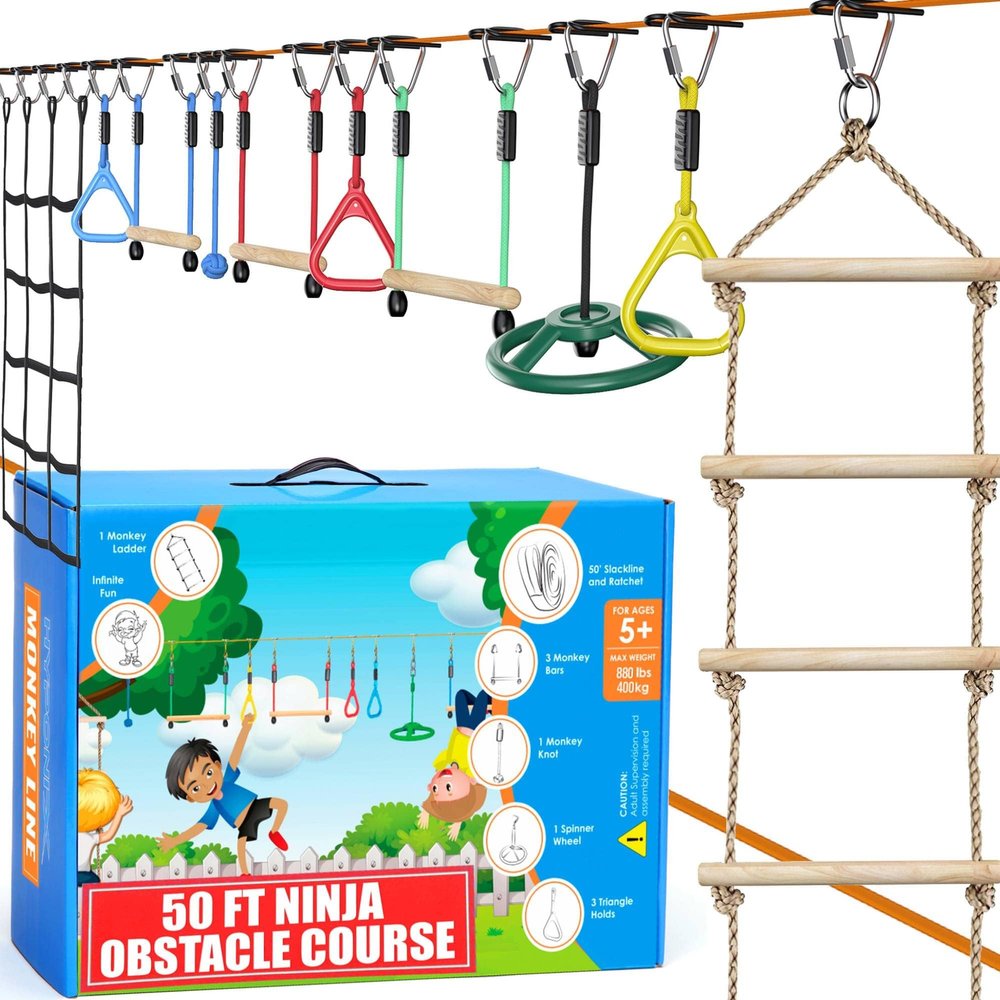 Ninja Warrior Obstacle Course for Kids 2 x 50 ft Slacklines with 10 Weatherproof Obstacles Monkey Net, Ratchet-Tight Technology, Supports Up to 880 lbs Climbing & Swinging Equipment