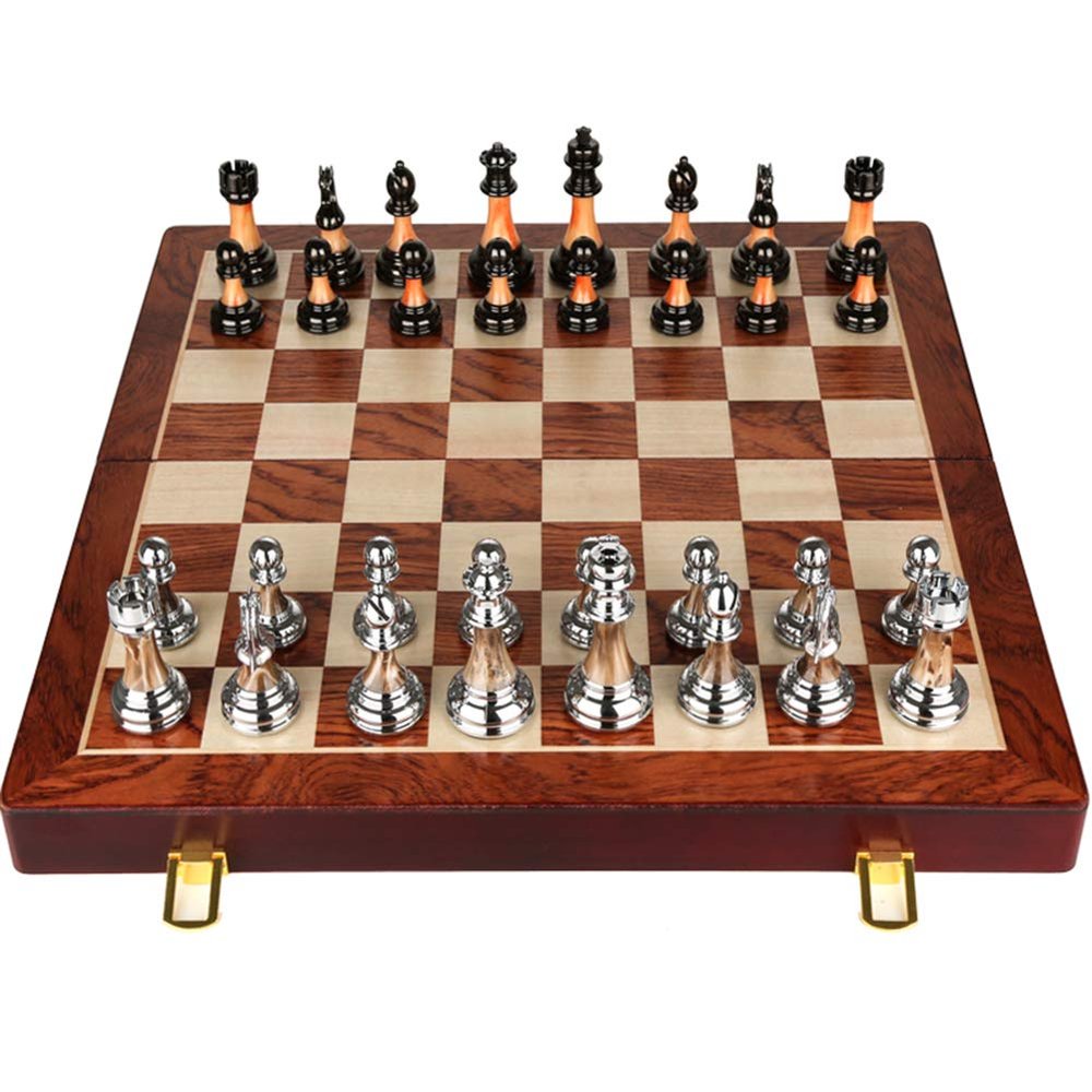 DHHVIC Folding Magnetic Travel Chess Set, Solid Wood and Internal Storage Metal Luster Chess, Wooden Box Storage Folding Chess Set
