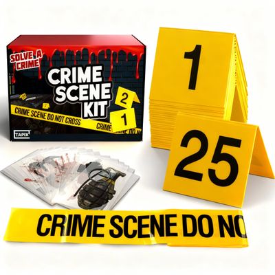 Halloween Crime Scene Decorations Kit, Crime Mystery Dinner Party Game Supplies, Includes Crime Scene Tape, 25 Yellow Evidence Markers, 25 Crime Object Cards