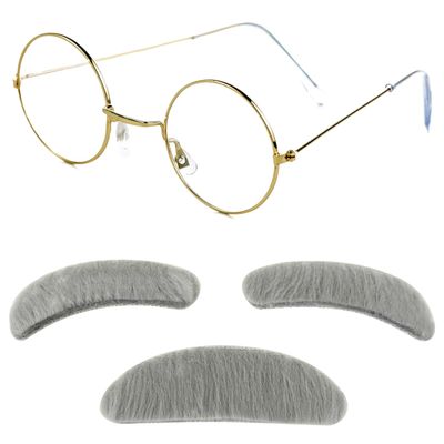 4E's Novelty Old Man Costume For Kids Boys - Glasses With Gray Stick On Fake Mustache & Eyebrows - 100th Day of School Costume for Boys, Old Man Costume for Kids, Grandpa Dress Up Accessories Kit