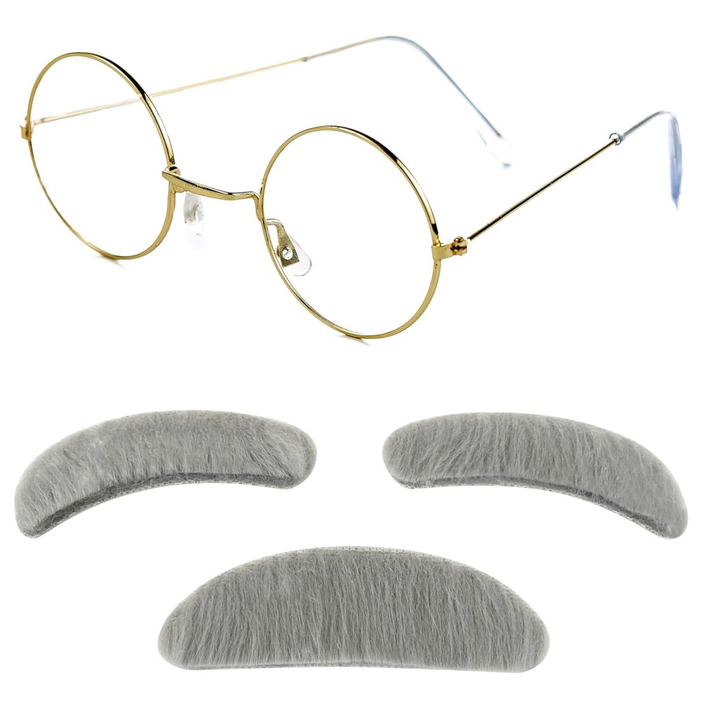 4E's Novelty Old Man Costume For Kids Boys - Glasses With Gray Stick On Fake Mustache & Eyebrows - 100th Day of School Costume for Boys, Old Man Costume for Kids, Grandpa Dress Up Accessories Kit