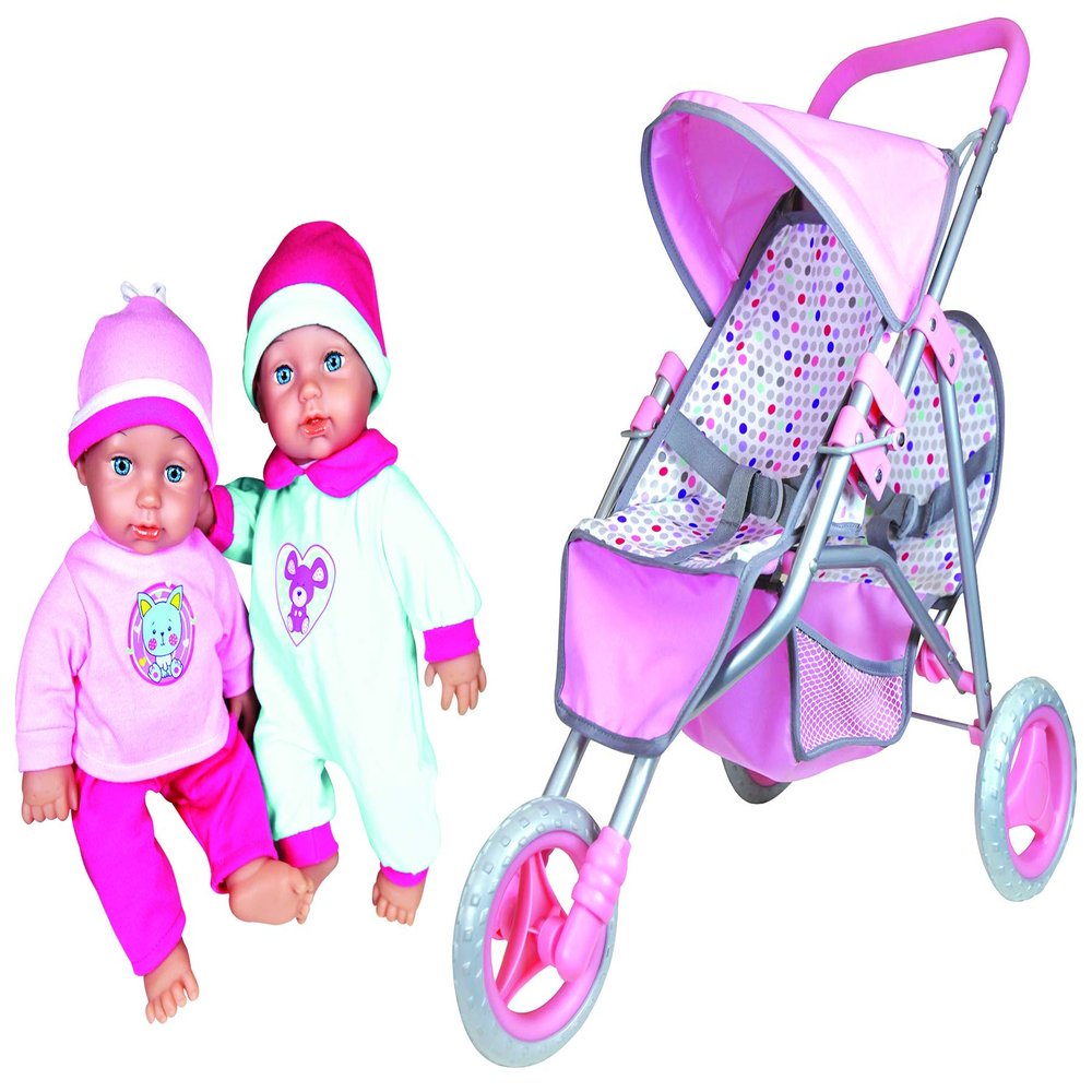 Twin Baby Dolls in Twin Jogger Stroller