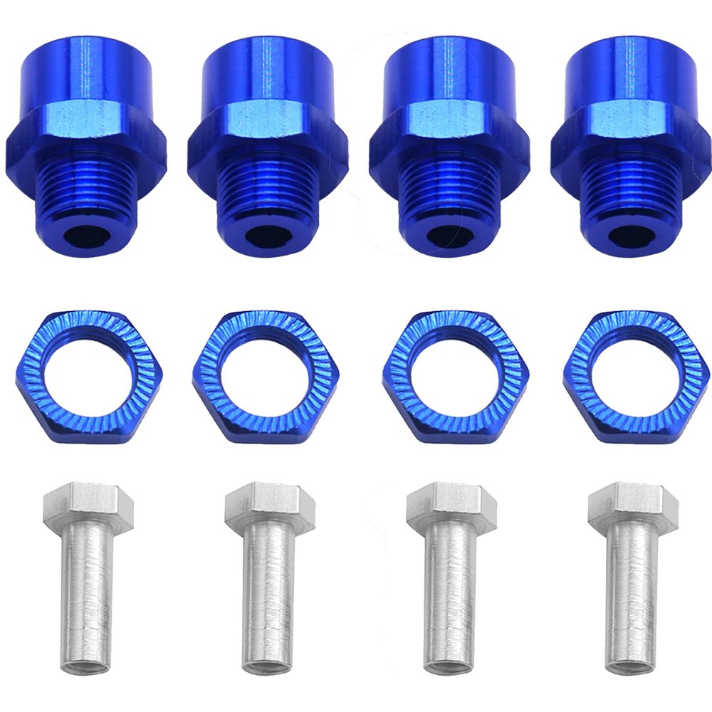 4Pack Share Goo Metal 12mm to 17mm Wheel Hex Drive Hub Adapter Conversion 15mm Offset Extension Compatible with Tamiya Axial RC4WD Traxxas HPI Himoto HSP 1/10 RC Car Buggy Truck Tires (Blue)