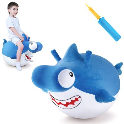 iPlay, iLearn Bouncy Pals Kid Shark Bouncy Balls, Toddler Hammer Head Shark Bouncing Ball W/Handle, Outside Ride Hopper Toy, Outdoor Active Hopping Jumper, Birthday Gift 2 3 4 5 6 Year Old Boy Girl