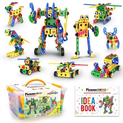 PicassoTiles 201pc STEM Learning Block Construction Kit with Power Drill and Clickable Ratchet Educational Engineering Toy Set Kids Age 3 Plus Preschool Activity Creative Play with Idea Book PTN201