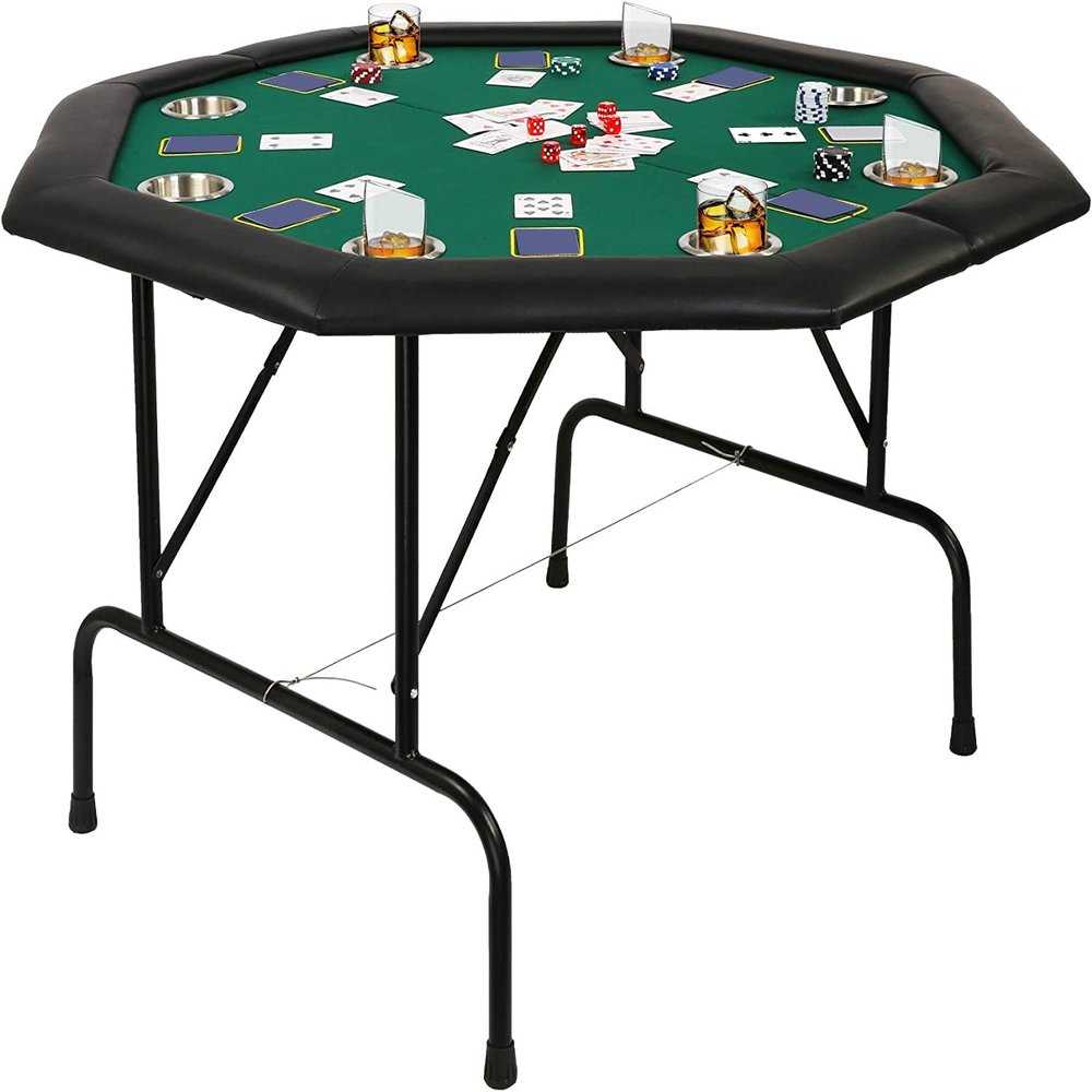 LUCKYERMORE 48" Folding Poker Table, Professional 8 Player Casino Poker Table w/Cup & Foldable Leg, Octagon Texas Hold'em Poker Mat for Blackjack, Club, Family Games