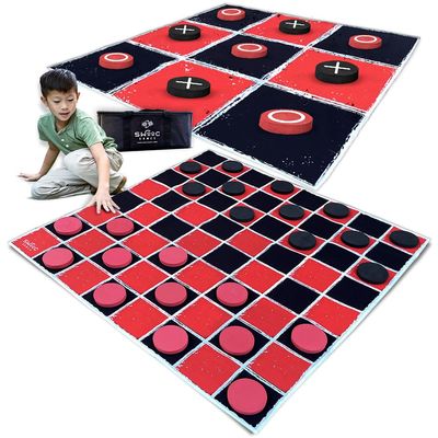 Swooc Games - 2-in-1 Vintage Giant Checkers & Tic Tac Toe Game W/Mat (4ft x 4ft) - 100% Machine-Washable Canvas - Giant Outdoor Games for Kids - Yard Game for Kids - Jumbo Lawn Set - Large Checkers