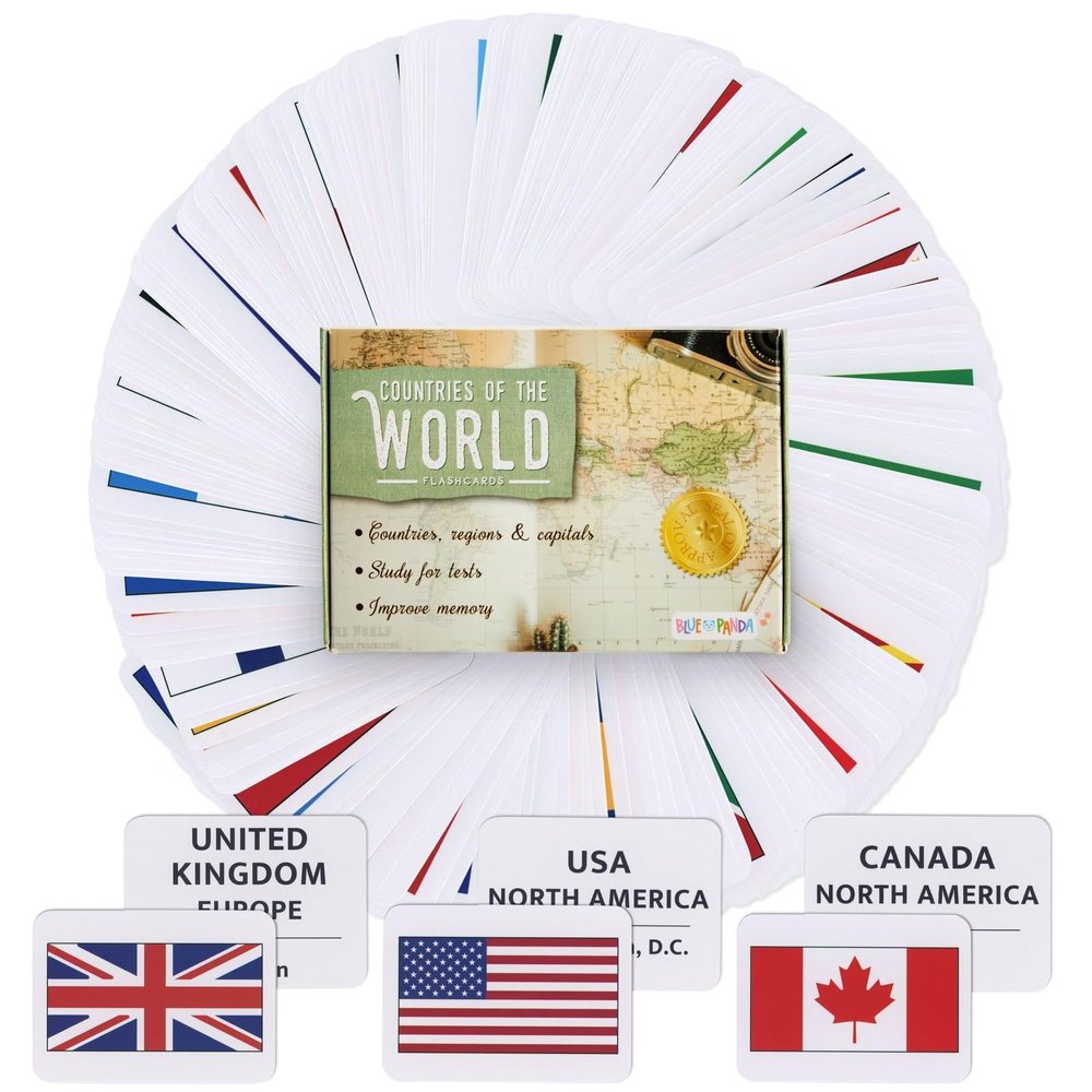 Blue Panda 205 Country Flags Flash Cards - 2.5 x 3.5 in Double-Sided Cards - Geography Learning for Kids with Capitals & Continents - World Flag Recognition