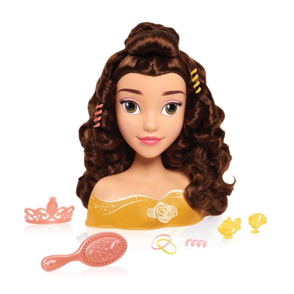 Disney Princess Belle Styling Head, Brown Hair, 10 Piece Pretend Play Set, Beauty and the Beast, Officially Licensed Kids Toys for Ages 3 Up by Just Play