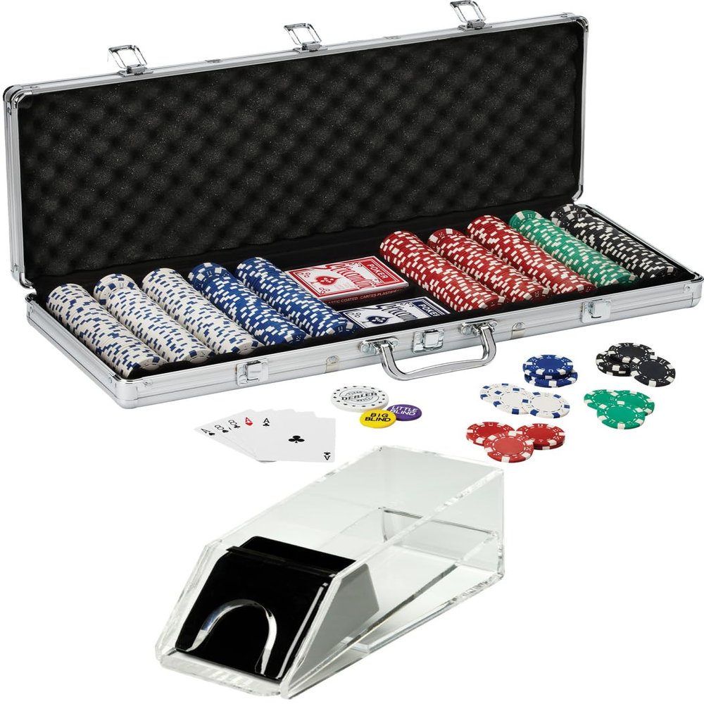 Fat Cat 500Ct Texas Hold'em Dice Poker Chip Set and Fat Cat Four Deck Card Shoe