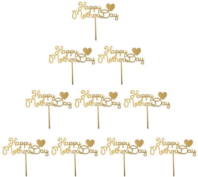 10pcs Happy Mothers Day Cake Toppers Acrylic Cake Picks for Mothers Day Birthday Cake Decoration - Golden